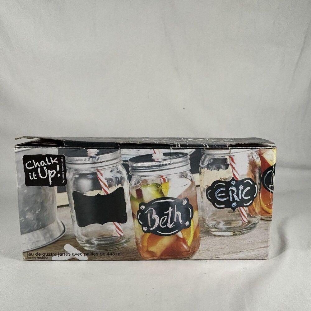 Chalk It Up Mason Jar Drinking Glasses Set of 4 with Straws & Chalk